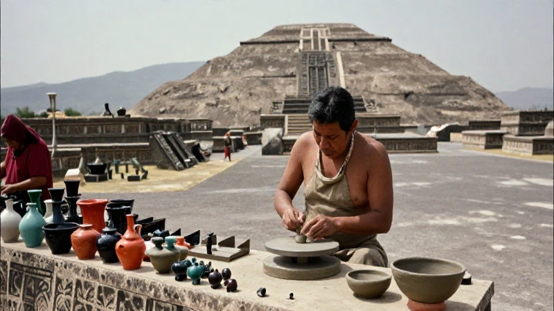 Artesano en Teotihuacán con cerámica y pirámides