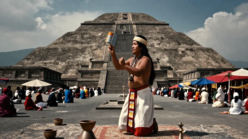 Sacerdote ritual en Teotihuacán con pirámide imponente