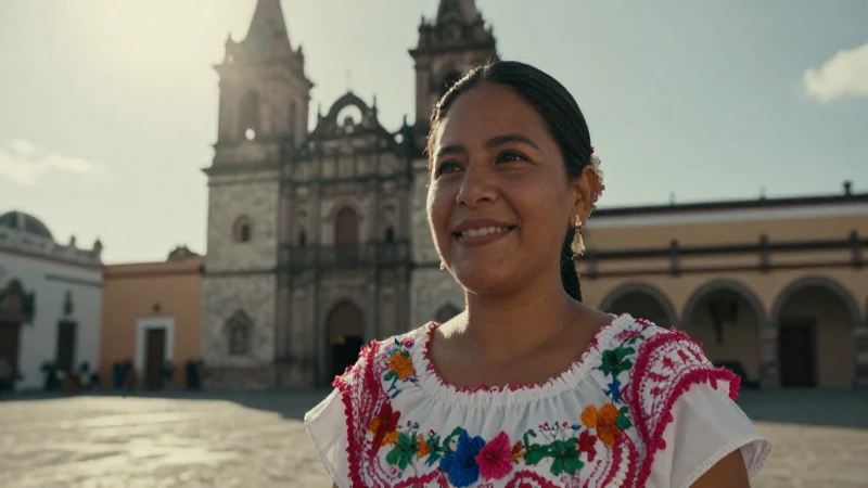 Mujer sonriente en Veracruz, con arquitectura histórica