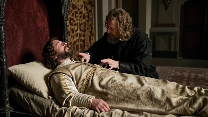 Médico medieval examina al rey en la corte