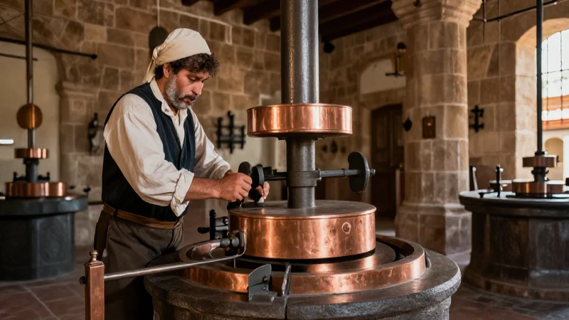 Trabajador histórico en antigua casa de moneda
