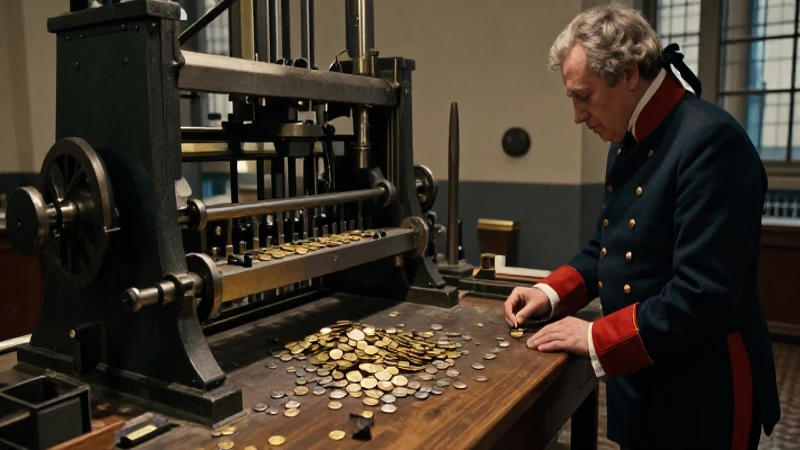 Artesanos antiguos acuñando monedas en la Casa de la Moneda