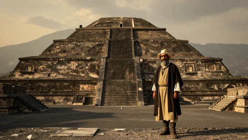 Erudito ante pirámide de Teotihuacán al atardecer