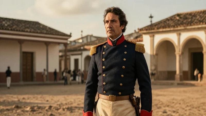 Caudillo latino del siglo XIX domina plaza colonial al atardecer