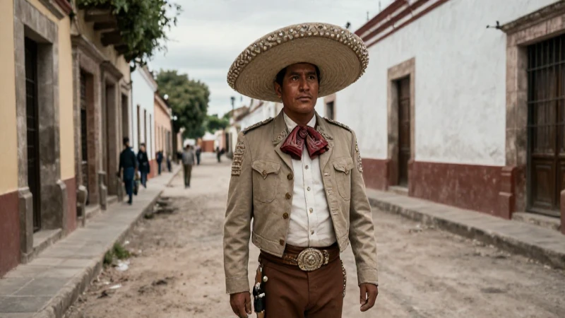 Soldado insurgente mexicano en una calle colonial