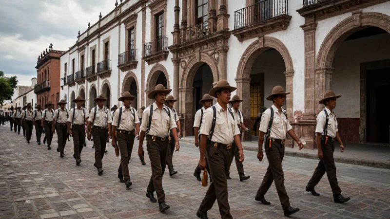 Soldados del Ejército Trigarante en arquitectura colonial