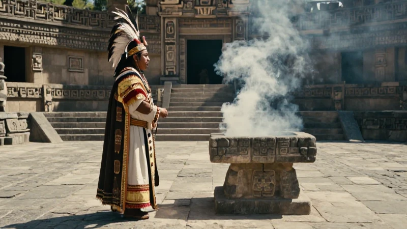 Sacerdote ritual en antigua plaza mesoamericana