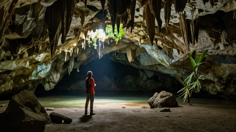 Cuáles son las exploraciones recientes en el cenote Xtoloc 25 Arqueólogo explora cueva Xtoloc bajo luz dramática