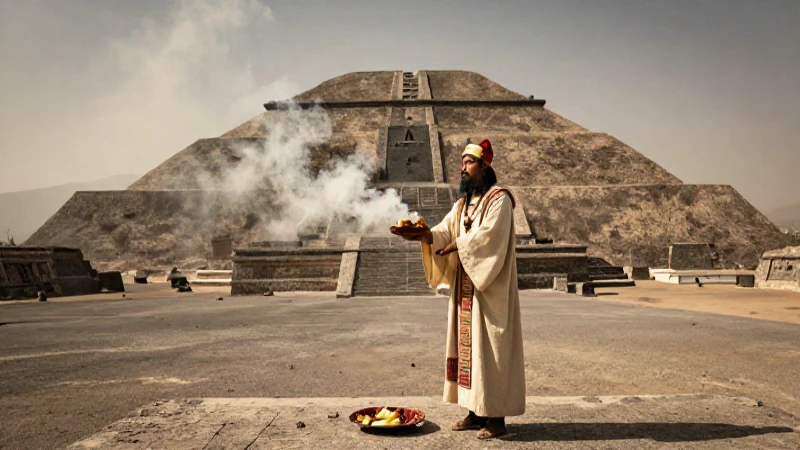 Centros Ceremoniales Teotihuacanos: Historia y Significado 4 Sacerdote en la Pirámide del Sol con ritual y humo