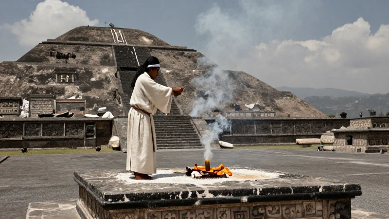 Centros Ceremoniales Teotihuacanos: Historia y Significado 7 Sacerdote teotihuacano en ritual ancestral con humo y pirámide