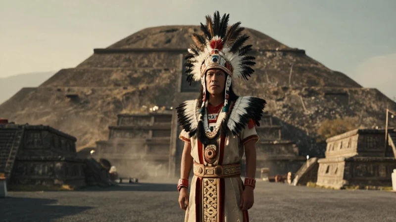 Centros Ceremoniales Teotihuacanos: Historia y Significado 2 Sacerdote noble teotihuacano frente a la Pirámide de la Luna