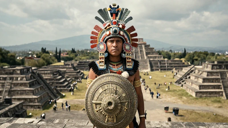 Gobernante azteca con tocado ceremonial y escudo obsidiana