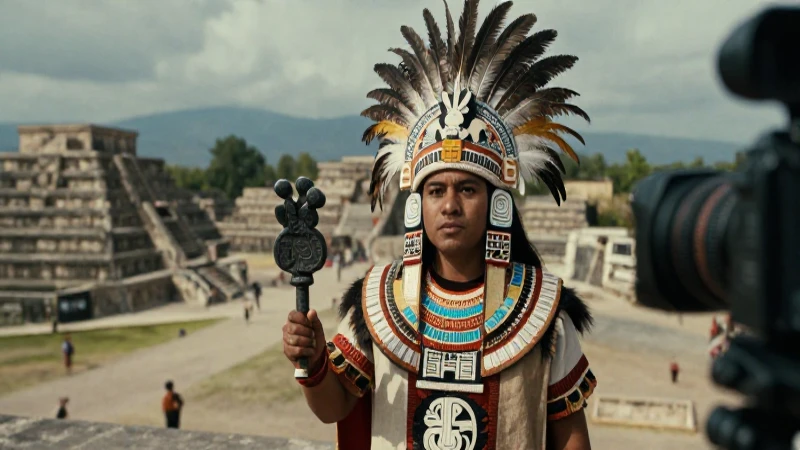 Sacerdote azteca ceremonial en ciudad precolombina