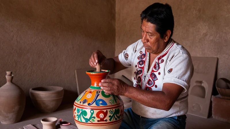 Artesano mixteco pinta cerámica en taller de Puebla