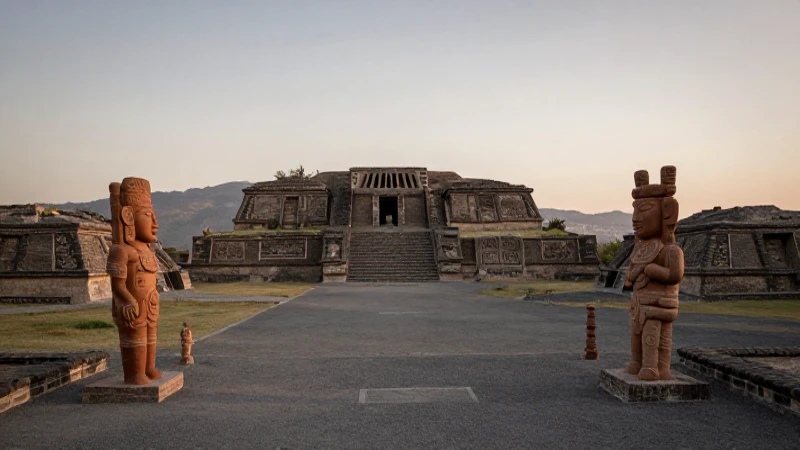 json{ oracion: Zapoteca model de cerámica en Monte Albán al atardecer.}
