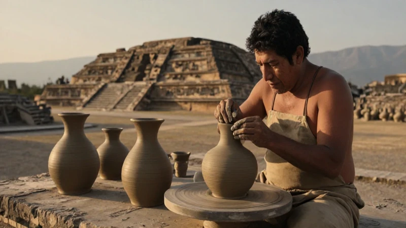 json{ sentence: Artesano zapoteco moldea barro en Monte Albán.}