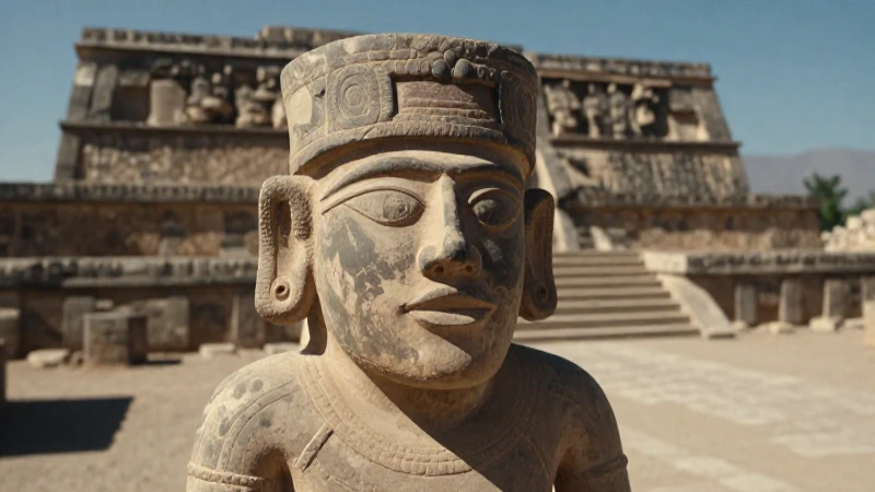 Escultura zapoteca bajo el sol en ruinas de Monte Albán