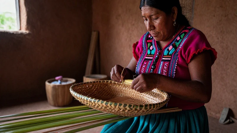 Tejedor indígena de México elaborando una canasta de palma