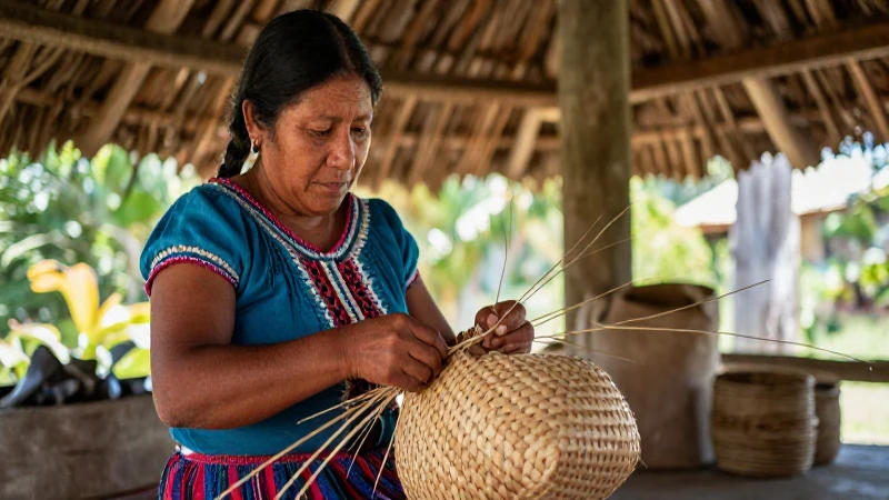 Mujer indígena teje canasta bajo luz cenital