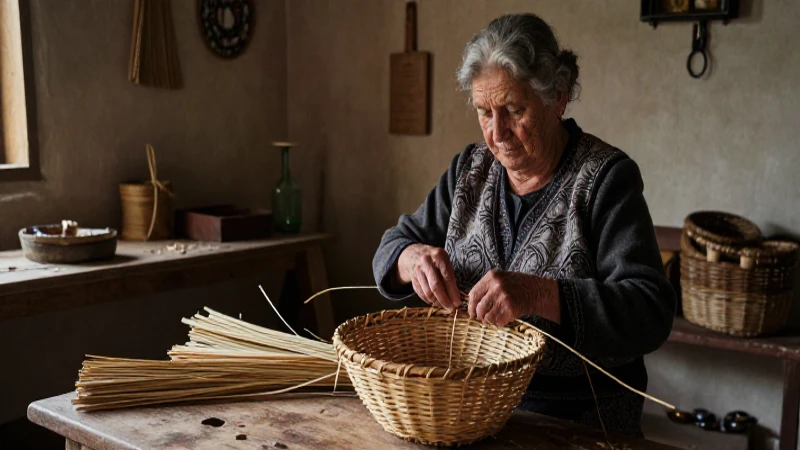 Mujer anciana teje cestería en interior mediterráneo