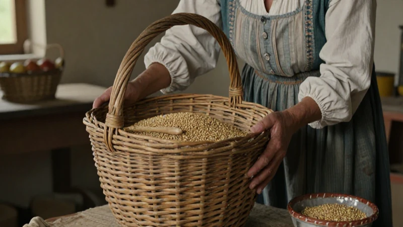 Cesta de mimbre rústica con granos en una casa antigua
