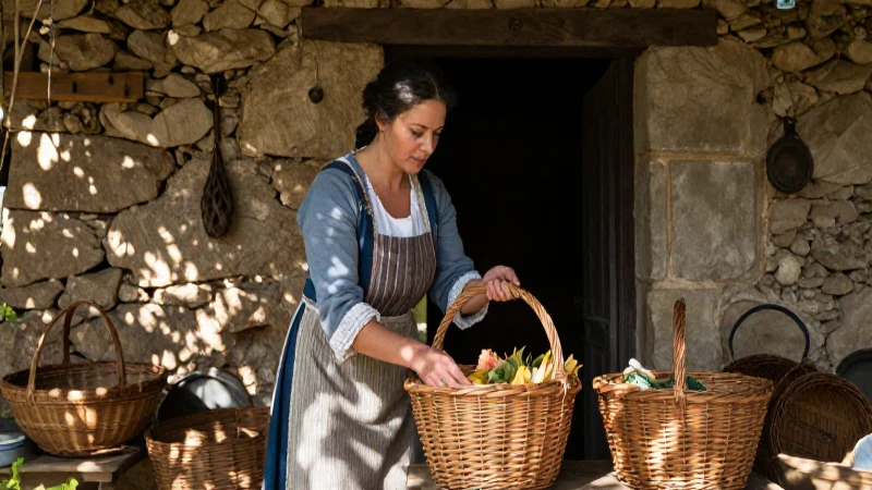 Mujer en 1800 examina cestas con luz natural
