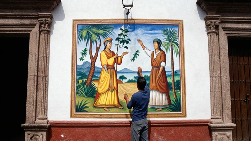 Artisan examina mural pintado con luz tropical