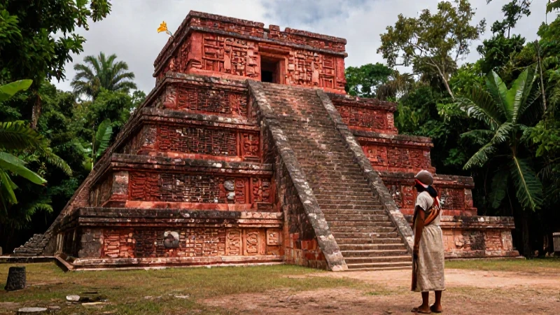 Sacerdote maya observa pirámide roja en Yucatán