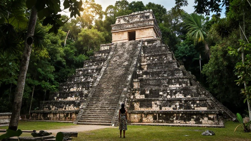 Noble maya ante antigua pirámide tropical