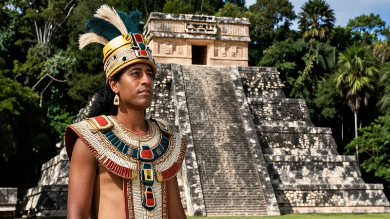 Noble maya ante pirámide en la selva