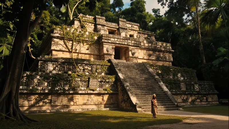 Qué historia y misterios esconde la antigua ciudad Chacmultún 25 Ruinas mayas con figura al atardecer épico