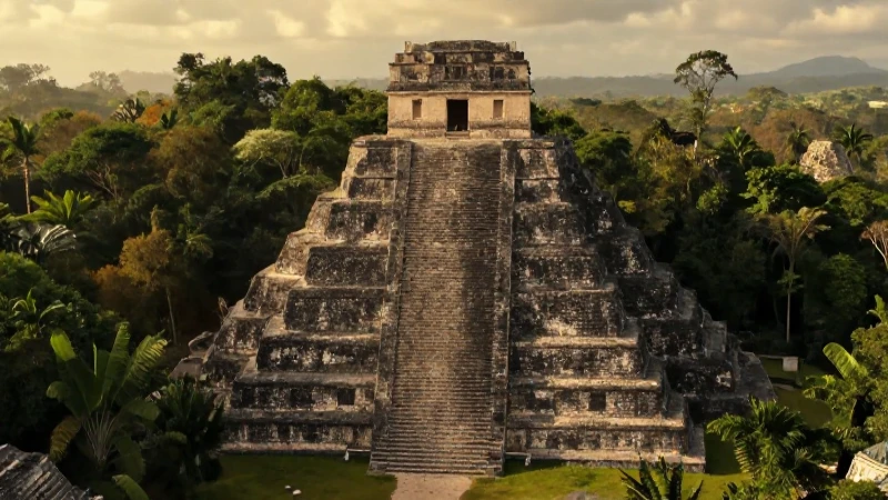 Qué historia y misterios esconde la antigua ciudad Chacmultún 26 Pirámide majestuosa en la selva con luz dorada