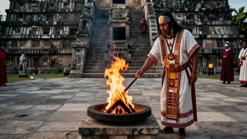 Sacerdote mesoamericano frente al fuego ritual