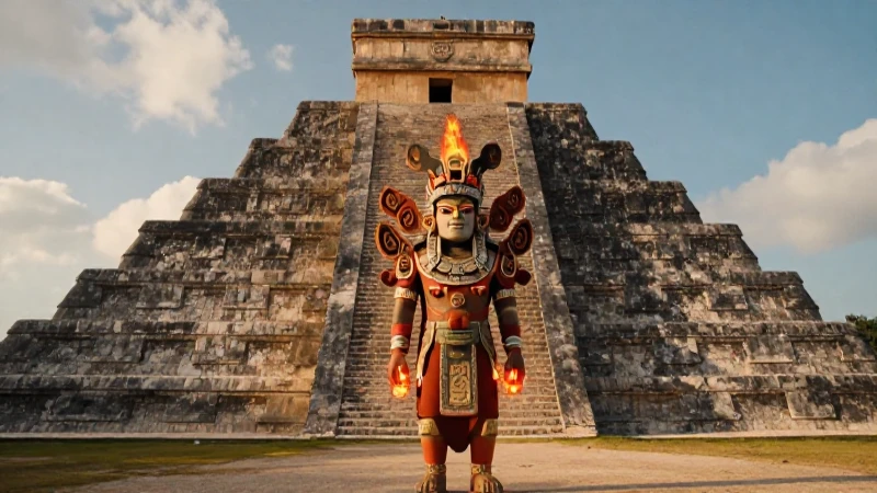 Deidad mesoamericana imponente frente a pirámide antigua