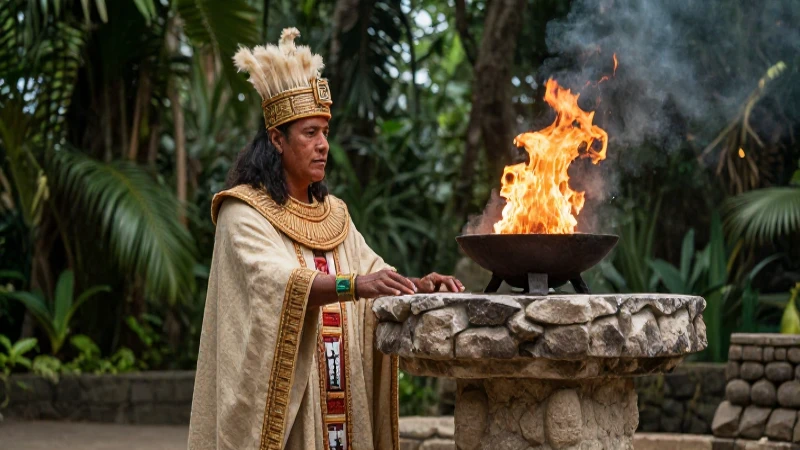 Sacerdote mesoamericano en altar ceremonial