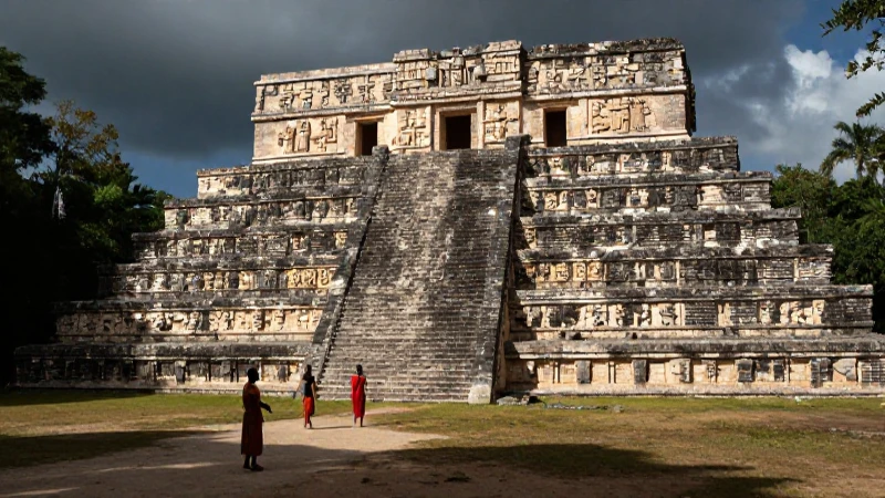 Figuras mayas observando ruinas en selva bajo luz dramática