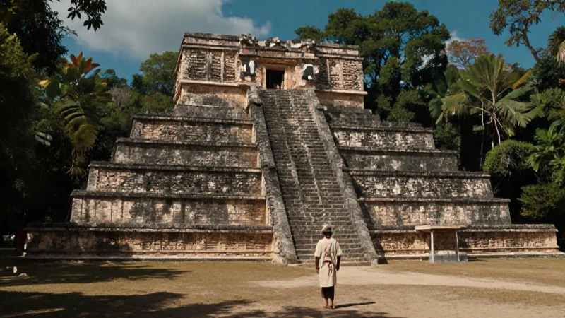 Templo maya majestuoso, sacerdote y selva