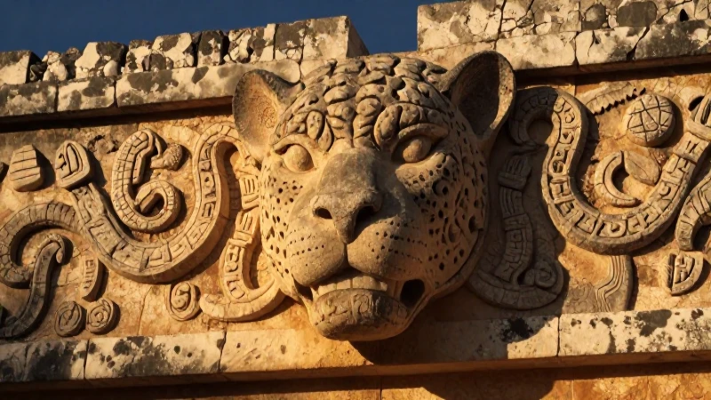 Chichén Itzá: Descubre el Templo de los Jaguares en Yucatán 161 Jaguar tallado decora templo de Chichén Itzá al atardecer