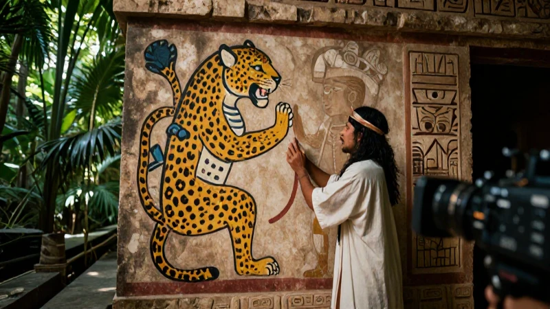 Chichén Itzá: Descubre el Templo de los Jaguares en Yucatán 163 Sacerdote maya celebra rito frente a mural de jaguar
