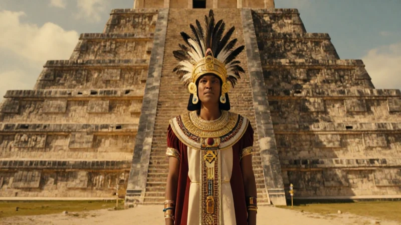 Sacerdotisa maya ante la pirámide en el atardecer