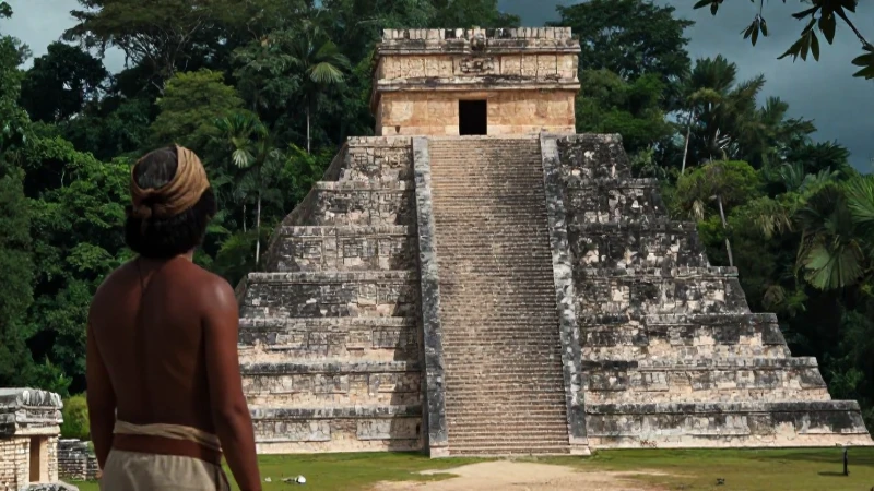 Sacerdote maya observa El Castillo en selva