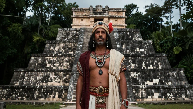 Sacerdote maya ante la pirámide de El Castillo