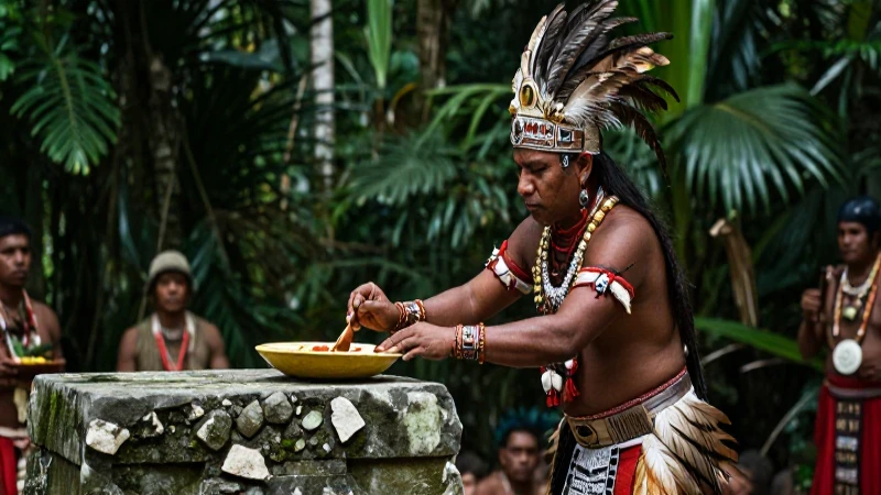Sacerdote maya ritual en cenote con atmósfera densa
