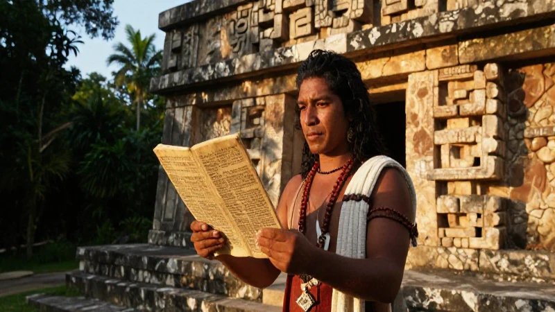 Sacerdote nahua con códice en templo mesoamericano