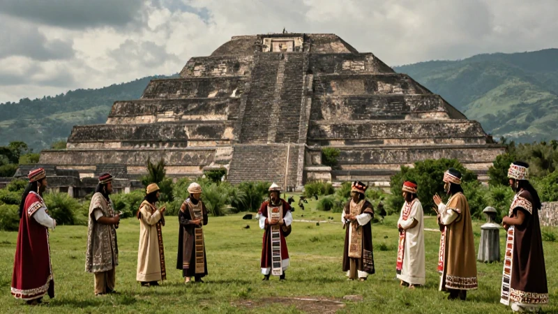 Pirámide de Cholula majestuosa con sacerdotes ceremonial