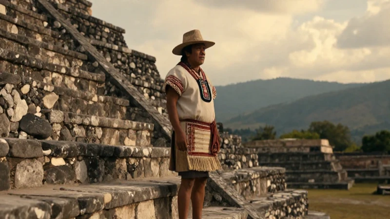 Hombre indígena en pirámide mesoamericana al atardecer