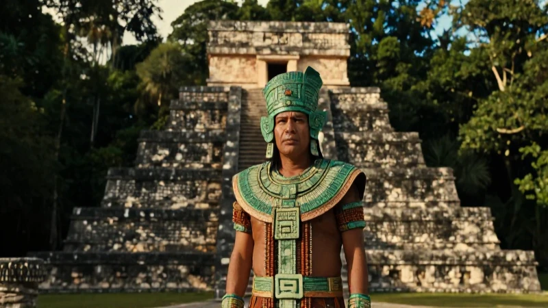 Sacerdote maya de jade ante pirámide en jungla