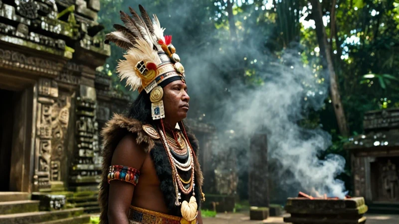 Sacerdote maya en templo ancestral