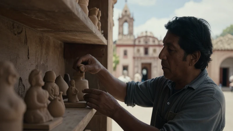 Artesano coloca figurita en arquitectura colonial