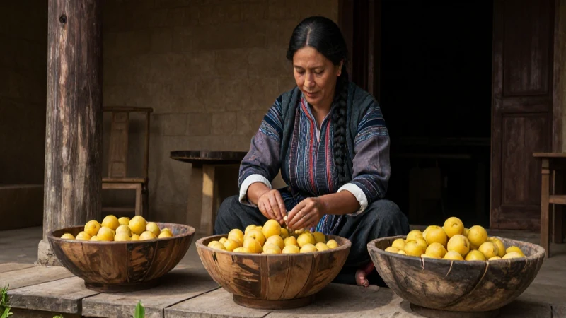 Cuáles son los beneficios y propiedades de la ciruela amarilla 37 Mujer colonial clasificando ciruelas en patio rústico